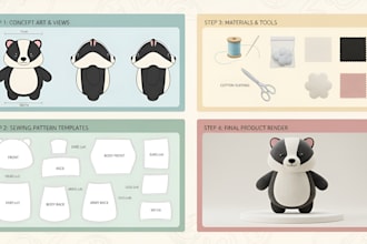 create plush toy sewing pattern tech pack design ych character reference sheet
