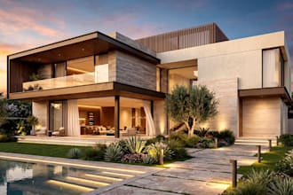 design 3d luxury apartment building,backyard garden,dining furniture,living area