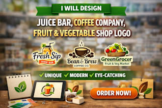 design juice bar, coffee company, fruit and vegetable shop logo