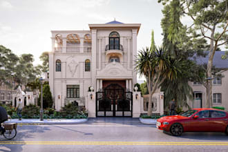 redesign 3d urban neighborhood, mansion exterior,balcony design, driveway render