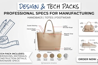 design shoe, sneaker, bag and backpack with professional tech pack and sketches