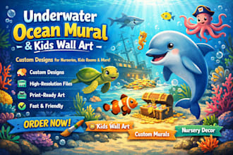 design stunning underwater ocean mural, kids wall art and custom wallpaper
