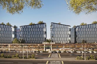 render cgi exterior, commercial complex, multi purpose building,elevation visual