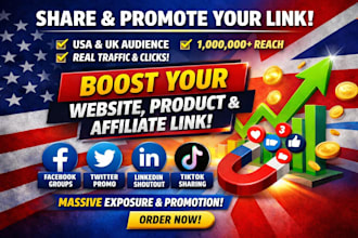 share, promote and shoutout your link to 1m USA UK facebook, twitter, ig