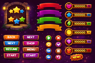 design stunning game UI UX buttons with game icons menus, 2d game huds assets