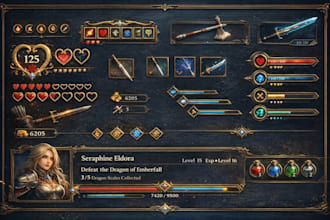 design custom 2d game UI kit interface assets, map, huds, props for your game