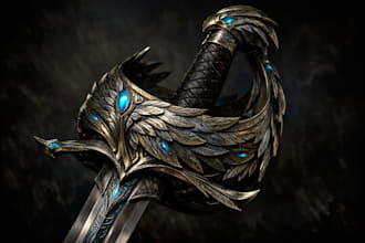 design custom fantasy basket hilt sword weapon with feathered medieval style
