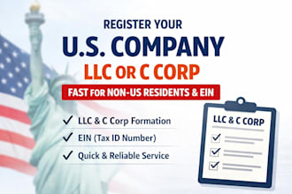 register your US company llc or c corp fast for non US resident and ein