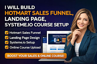 create hotmart sales funnel, landing page, systemeio online course upload