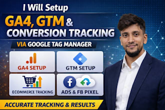 setup ga4, GTM, ecommerce tracking, conversion tracking and facebook pixel
