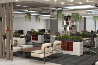 design, render 3d realistic office interior,luxury reception area, cgi workspace