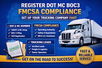 set up your trucking company with dot, mc number, fmcsa compliance and boc 3