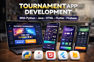 develop a tournament app using python, java, HTML, flutter