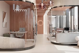 renovate office interior, reception 3d realistic renders,lobby,work space visual