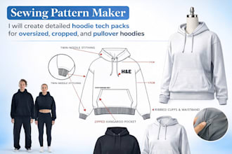 create detailed hoodie tech packs for oversized cropped and pullover hoodies