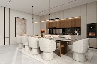 render cgi realistic 3d modern dining, kitchen area interior design, living area