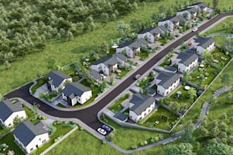 make realistic urban bird eye view, neighbourhood development, townhouse render