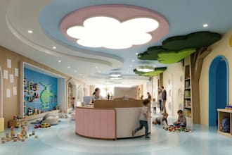 revamp 3d cgi kindergarten,nursery interior, library, daycare design,kids center