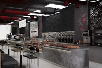 photorealistic cafe interior 3d renders,restaurant, coffee shop,commercial space