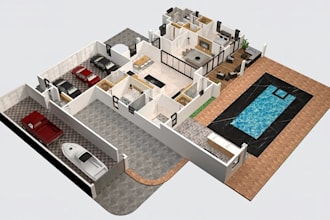 modular 3d floor plan in sketch, luxury indoor design, open concept layout,pools