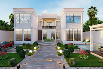 rebuild 3d classic duplex exterior, villa facade,neoclassic interior,room render