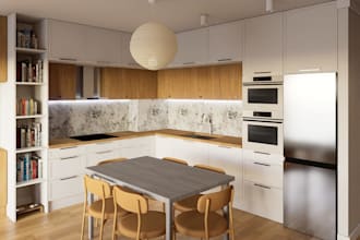 design a kitchen for carpenter with technical drawings and 3d