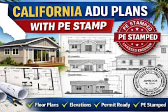 draw california pe stamped adu architectural plans, floor plan, elevations