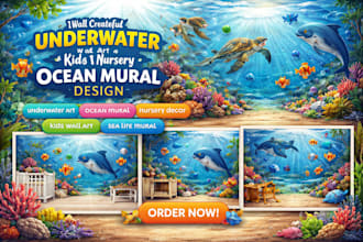 create colorful underwater wall art and kids nursery ocean mural design