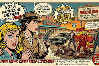 illustrate retro comic book art, vintage posters, retro pop art illustrations