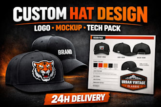 design custom hat cap with logo, mockup and tech pack for your brand
