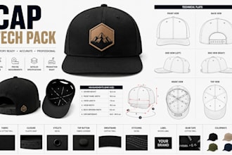 create cap tech pack, hat tech pack and technical flats for manufacturers