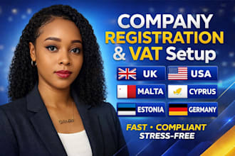 do company registration and vat setup in UK, USA, malta, estonia, germany