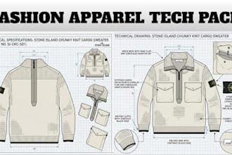 create pro fashion apparel tech pack, clothing spec sheet, garment fashion