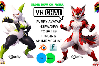 do vrchat avatar commission, vrc wolf avatar 3d furry nsfw vtuber anime model vr
