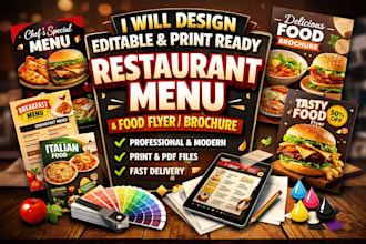 design editable and print ready restaurant menu, food flyer, brochure