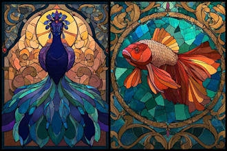 design stained glass art illustration, mosaic logo for  windows book cover desig