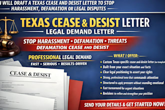 draft a texas cease and desist letter to stop harassment, defamation and dispute