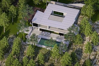 render 3d hillside villa, cliffside home design, forest house with outdoor patio