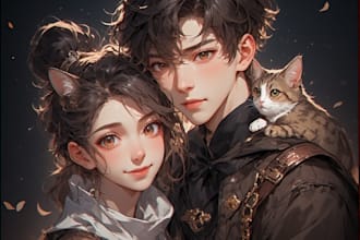 anime friendship portrait and pet portrait