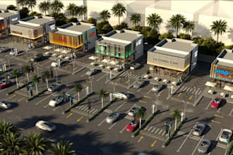drive thru modern complex, retail store render,food court design, cgi strip mall