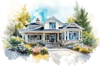 handmade watercolor painting of house, building