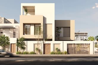 modernize building exterior, front elevation, revit interior, balconies, v ray