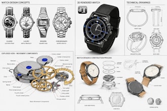 model watch cad and prototype with technical draw for manufacture step stl file