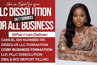 dissolve llc, pllc, llp, c corp company registration, dba, close ein, boi report