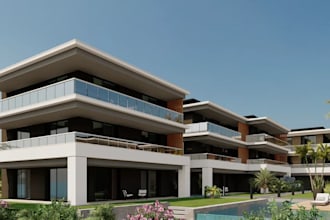 restructure apartment exterior, multi story, outdoor scene, rooftop terrace,pool