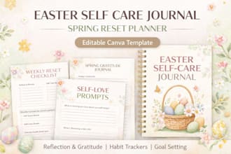 design easter self care journal, spring reset planner, digital journal in canva