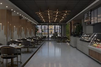 do realistic 3d restaurant interior render, 3d cafe, bar with 3d exterior design