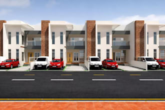 retrofit  duplex townhouse external, brick facade design, housing complex render