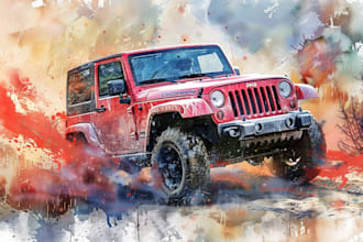 do custom digital car, vehicle watercolor portrait drawings