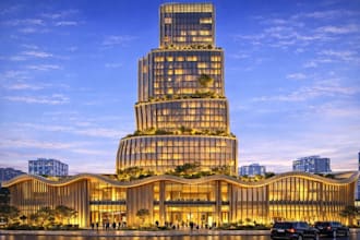 render 3d commercial complex,cgi hotel tower,mixed use building,high rise resort